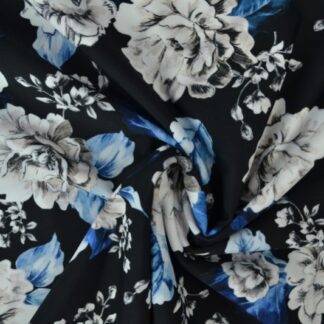 Lycra print - Black with blue colored flowers