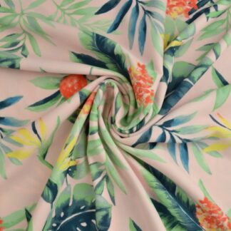 Lycra print - Colorful palm leaves on baby pink